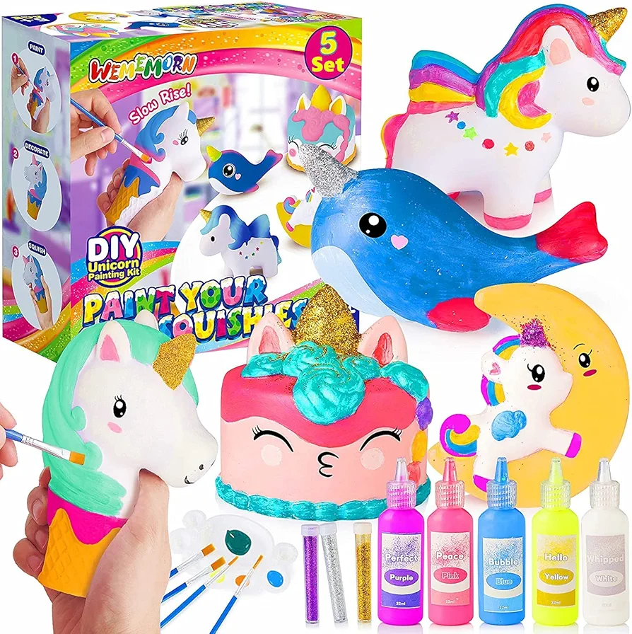 WEMEMORN Unicorn Toys for Girls, Unicorn Arts Crafts Painting Kit - 5 Large Slow-Rise Unicorns Squeeze DIY Kit with Paints, Christmas Birthday Unicorn Gifts for 5, 6, 7, 8 Year Old Girls Boys Kids