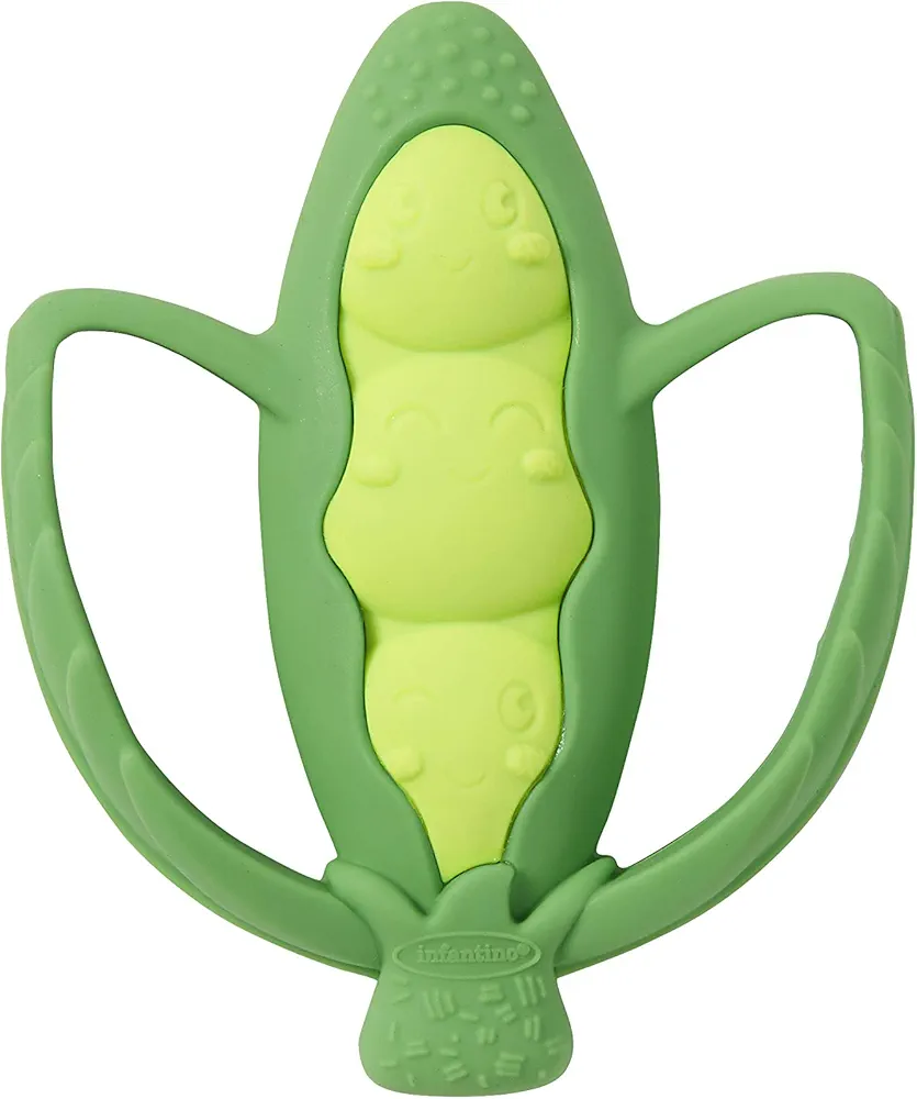 Infantino Lil' Nibbles Textured Silicone Teether -Sensory Exploration and Teething Relief with Easy to Hold Handles, Green Pea Pod