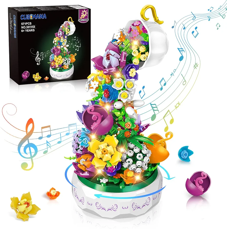 Flowers Music Box Building Set with Light - 571PCS Flower Botanical Bonsai Rotating Music Box Building Block Toy, Home Decor, Mother's Day, Valentine's Day, Birthday Gift for 6-12 Years Kids Adults