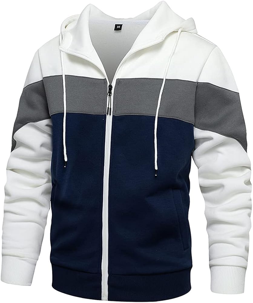 DUOFIER Men's Hoodies Zip Front Sweatshirt Color Blocking Hooded