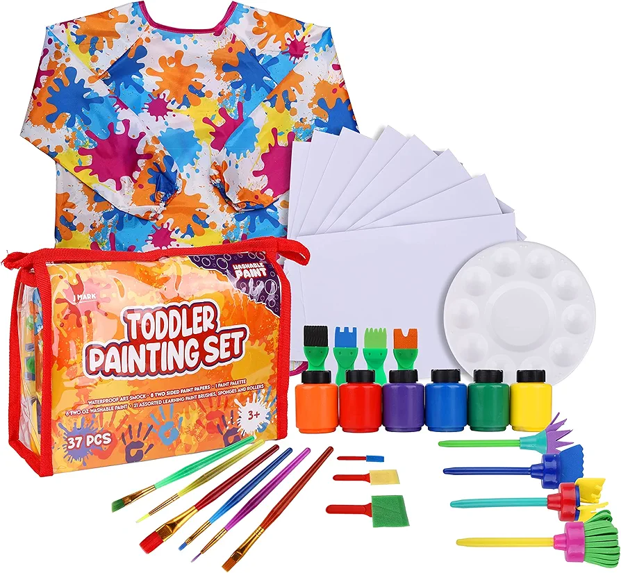 J MARK Toddler Painting Set – 38-Piece Set with Art Smock, 6 Washable Tempera Paints, Painting Paper, Brushes, Sponges, Painting Tools and Palette (Colors)