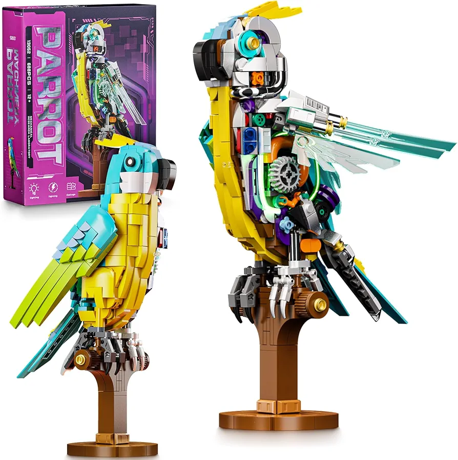 Parrot Building Blocks Set, Creative Steampunk Bird Model Kits with LED Lights for Home Office Art Decor - STEM Building Toys for Kids & Adults (688 PCS)