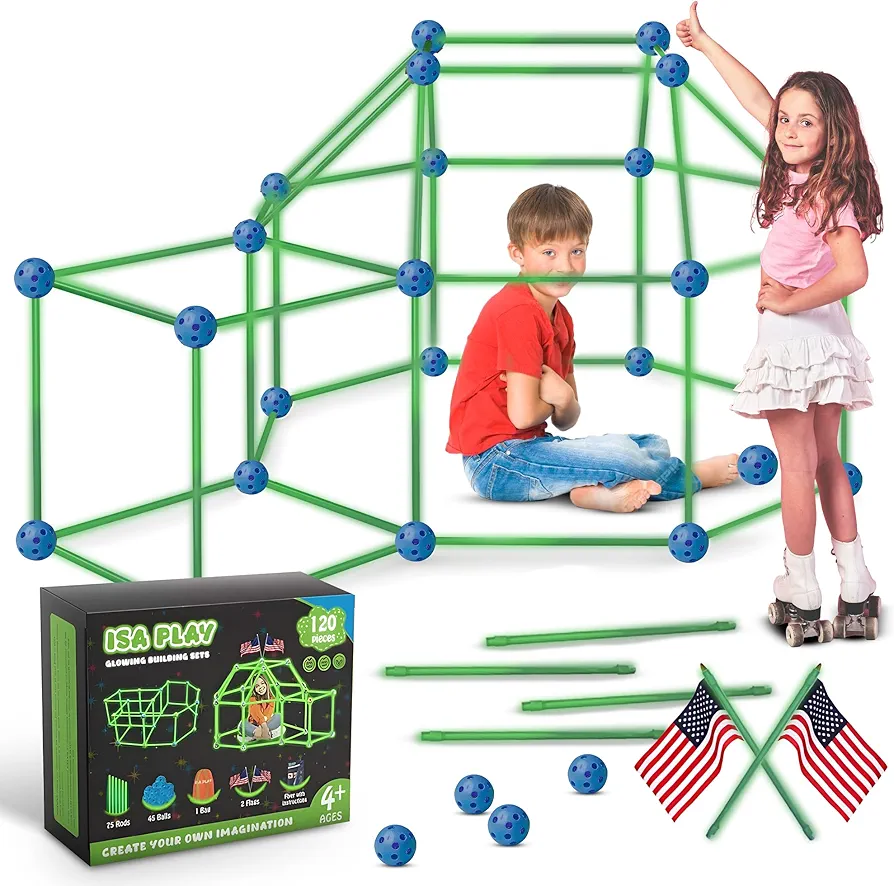 ISA Play Fort Building Kit for Kids 8-12 & 4-8 - Durable Building Toys for Kids, Outdoor Playset, Creative Air Fort Construction Toy, Ideal for Outdoor Activities, Premium 120Pcs Glow in The Dark