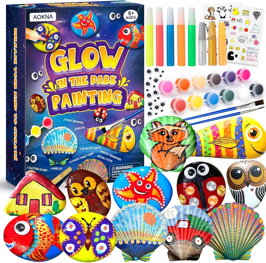 Sea Shell & Rock Painting Kit Glow in The Dark Creative Craft Kits Art Supplies for Kids Arts & Crafts Toys for Boys and Girls Ages 6-12 Art Painting Gift for Birthday Activities