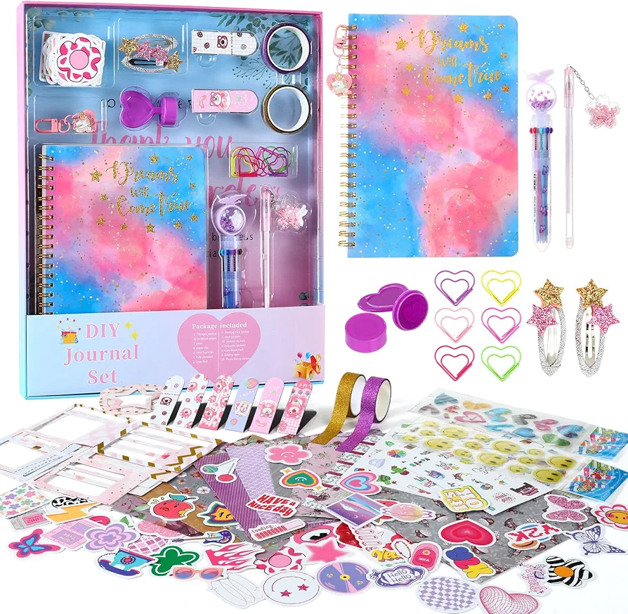 WeiAlico DIY Journal Kit for Girls -8 9 10 11 12 13 14 Year Old Girl's Creativity Gift - Girl's Writing Cool Birthday Gift - Cute Art& Crafts Kits for Tween Teenage Kids-Fun Scrapbook and Diary Set