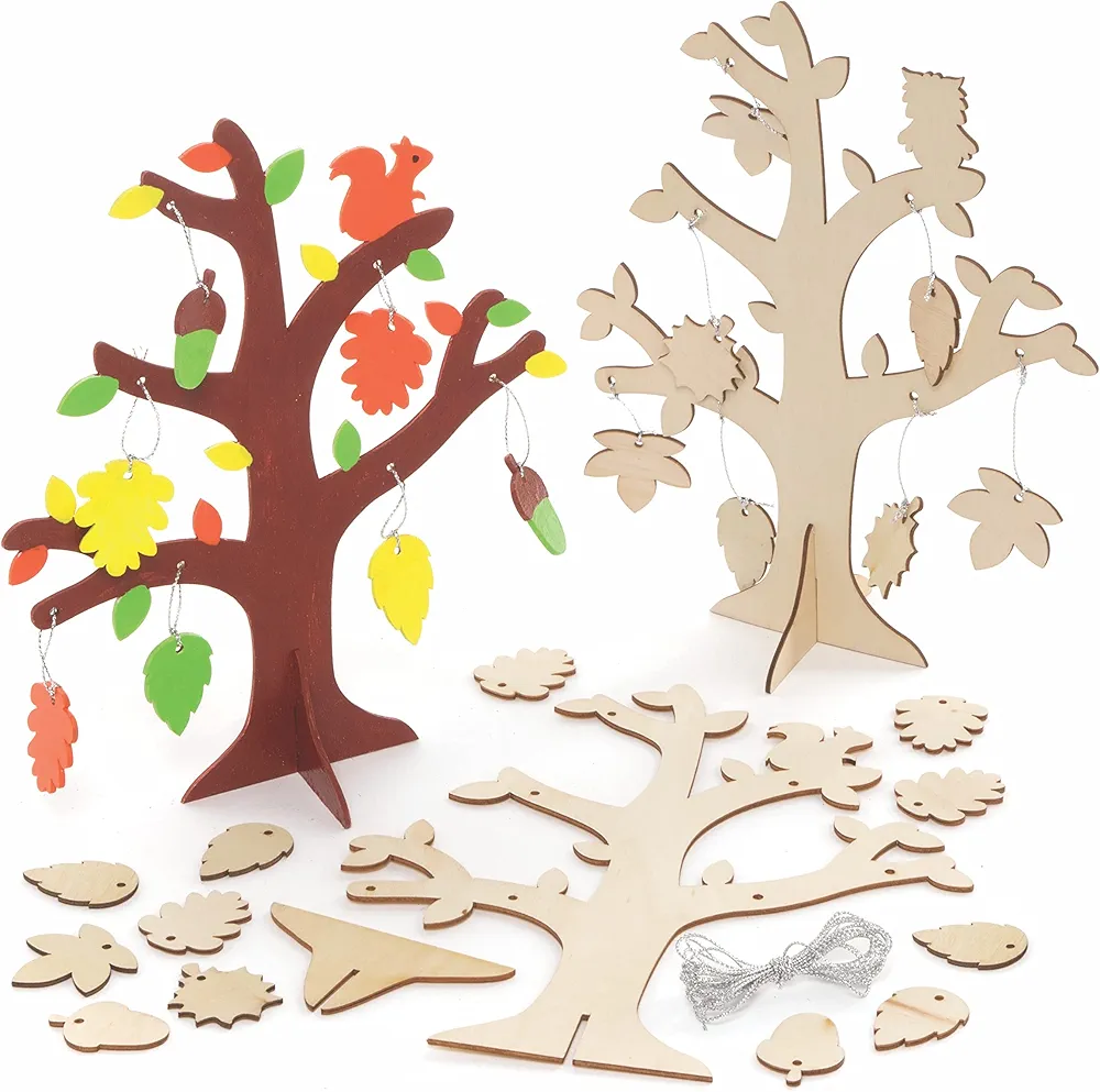 Baker Ross FE649 Wooden Autumn Tree Kits - Pack of 2, Wood Crafts to Decorate and Display, Make Your Own for Kids, Ideal Kids Arts and Crafts Project, Fall Crafts for Kids