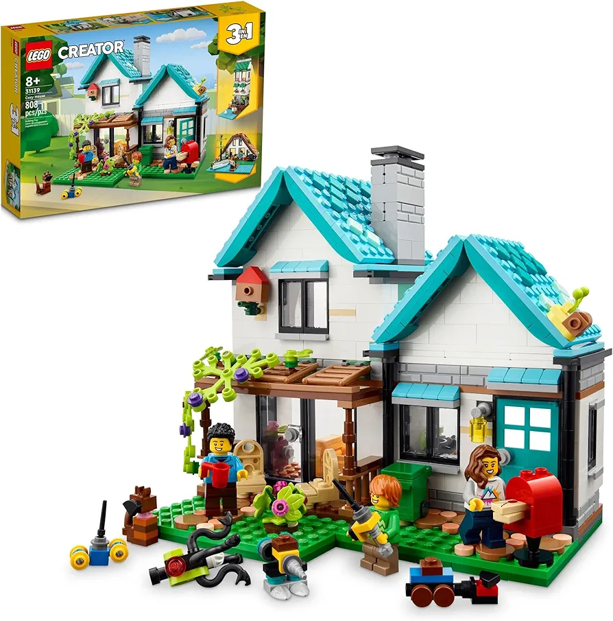 LEGO Creator 3 in 1 Cozy House Building Kit, Rebuild into 3 Different Houses with Family Minifigures & Accessories, DIY Building Toy Idea for Outdoor Play, Summer Toy for Boys & Girls Ages 8-11, 31139