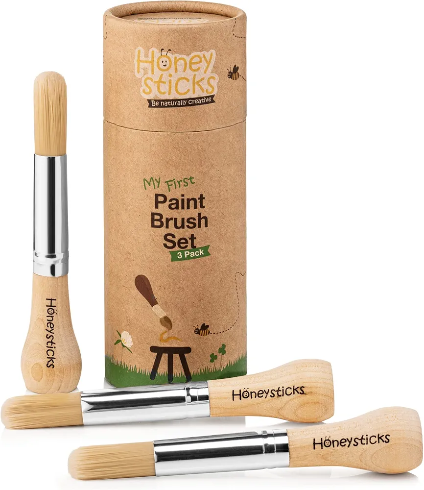 Honeysticks My First Paint Brush Set - 3 Pack: Ideal for Babies and Toddlers. Jumbo Brushes with Chubby Wood Handles for Easy Grip, Vegan. Includes Handy Storage Container