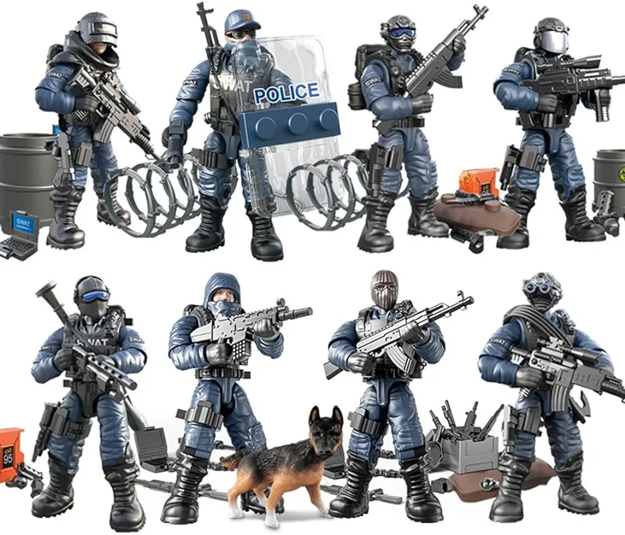 8 PCS Building Block City Policeman Action Mini-Figures with Multiple Military Weapons Accessories SWAT Model Equipment Assembly Building Toys Party Favors Gift for Boys