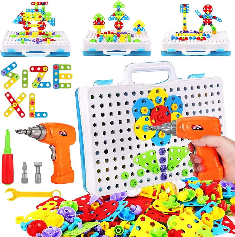 Educational Toys Building Blocks, 244 Pieces Electric Screwdriver DIY Building Toys for Boys and Girls, Educational Construction Building kit for Kids Ages 4 5 6 7 8 9 10 Year Old