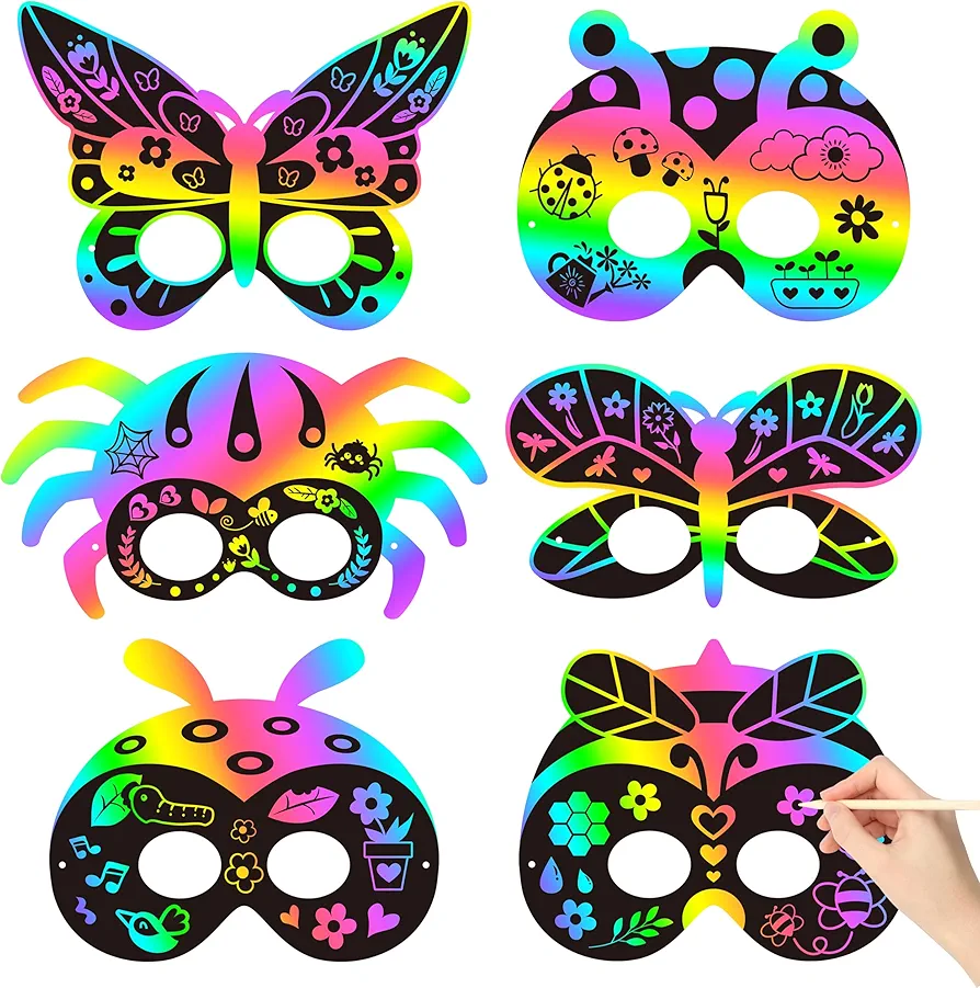 CY2SIDE 30PCS Insects Scratch Masks for Kids Spring Insects Rainbow Color Scratch Masks for Kids Bugs Party Favors DIY Butterfly Bees Face Magic Art Rainbow Color Craft Kits for Classroom Art Project