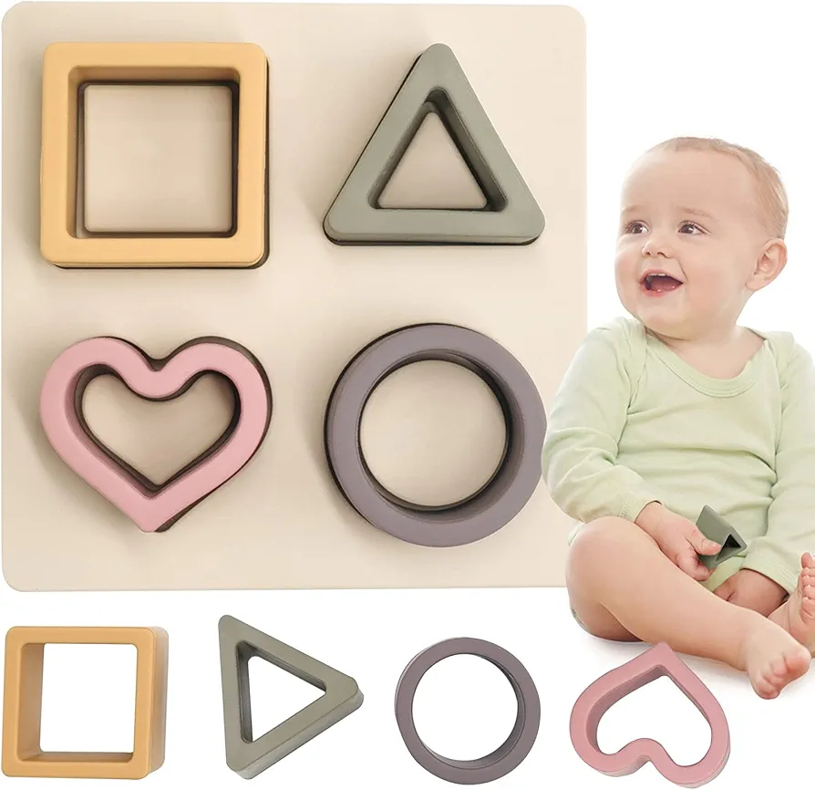 Baby Soft Nesting Sorting Stacking Toys Silicone Teething Blocks Shapes Recognition Learning Development Toys for Toddler 3+ Months(Beige)