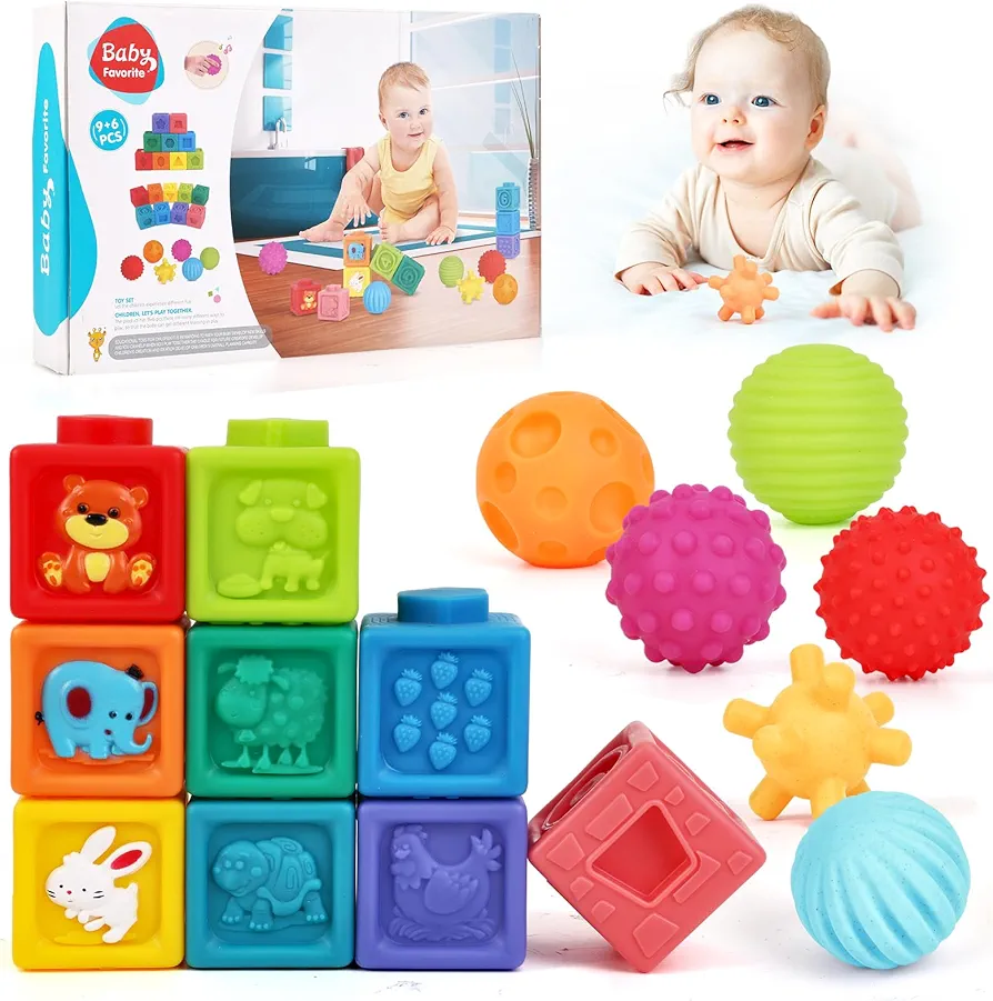 Baby Toys 6-12 Months: Montessori Toys for Babies - Incl Stacking Building Blocks & Soft Infant Teething Toys & Sensory Balls for Toddlers| Bright Color