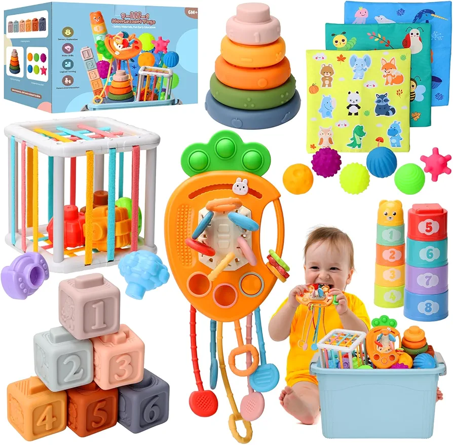 Baby Toys 6 to12 Months, 7 in-1 Montessori Toy for 6-9-12-18 Month Old with Pull String Toy, Sensory Bin Toys, Stacking Baby Blocks & Soft Infant Ring & Sensory Ball, Stacking Cups for Toddler Gift