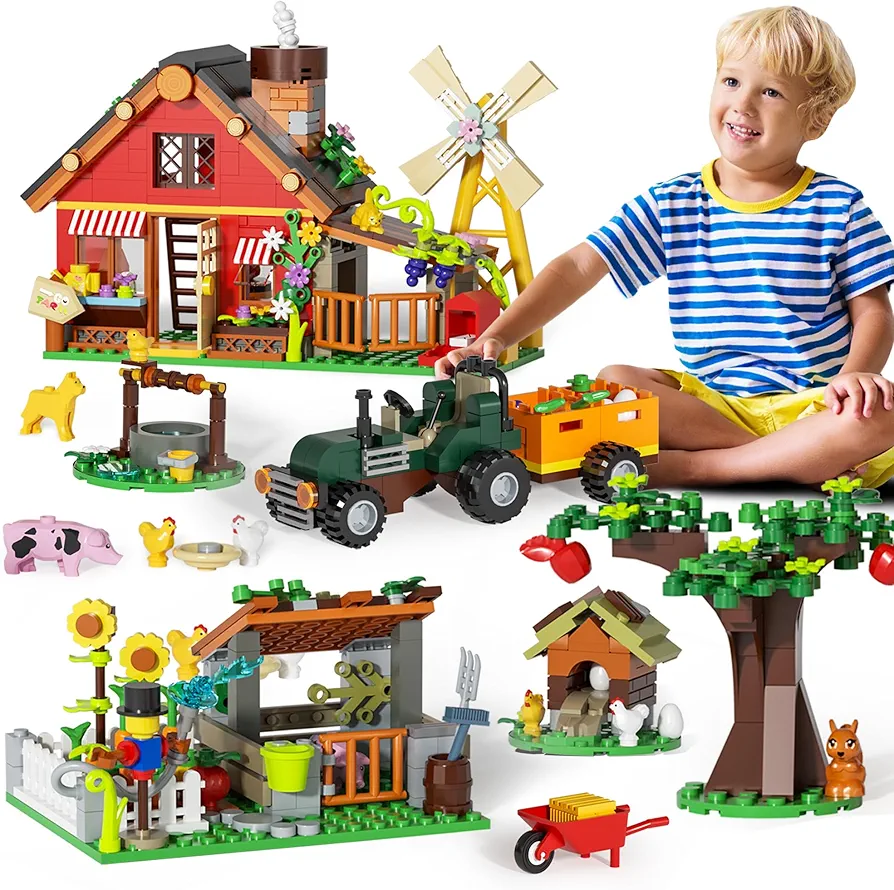 Farm Building Toys for Kids - 649pcs Farmhouse and Windmill Building Blocks Set with Animals, Tractor and Tools, Farm Educational Toys Gift for Kids Ages 6 7 8 9 10 11 12+