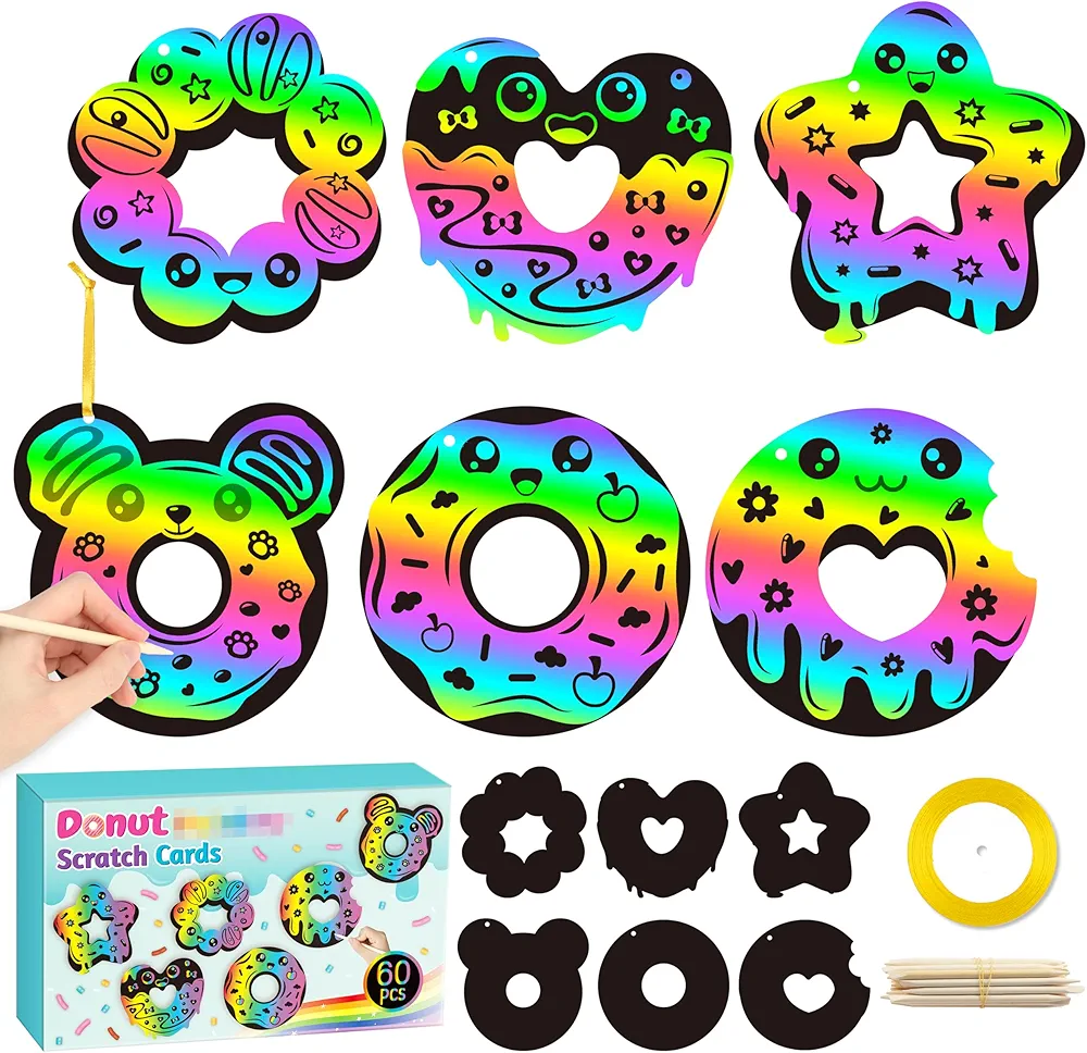 CY2SIDE Donut Craft Scratch Cards - 60PCS Doughnut Ornament Scratch Crafts Card Gift Set for Kids Sweet Candy Magic Art Rainbow Color Craft Scratch Kit for Kids Birthday Party Favors School Activity