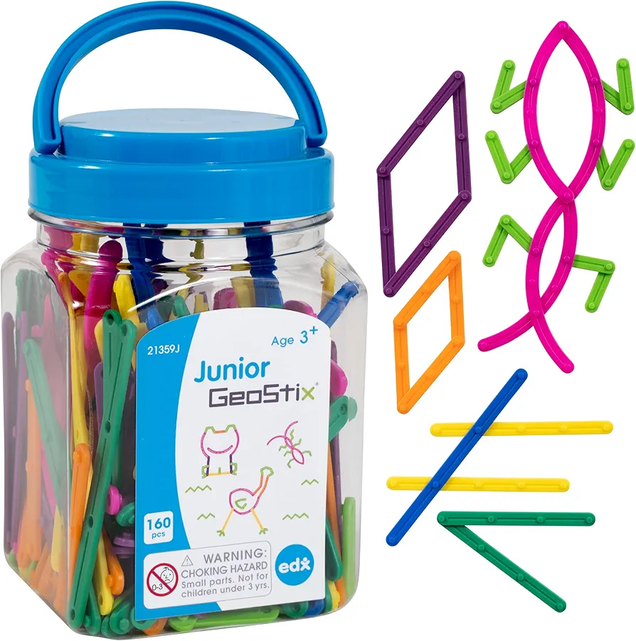 edxeducation - 21359 Junior GeoStix - Mini Jar Set of 160 - Geometric Construction Sticks - Build 2D Shapes and Pictures - Math Manipulative for Kids - Ages 3+