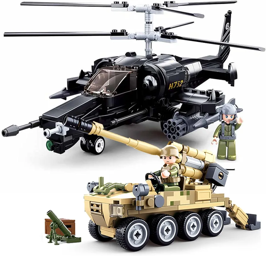 KA50 Armed Helicopter, Military Brick WW2 Flak Anti-Tank Gun, Army Airplane World War 2 Toys Building Block with 2 Soldiers Figures (489 Pieces)