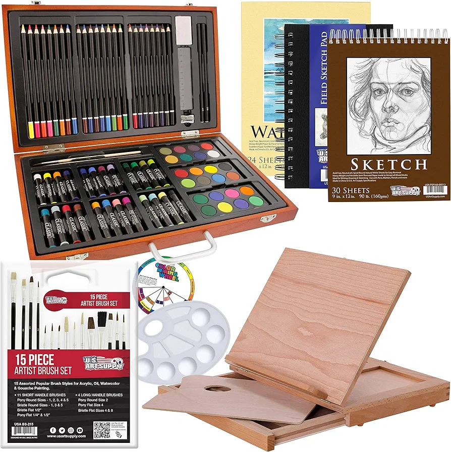 U.S. Art Supply 103-Piece Deluxe Art Creativity Set in Wooden Case with Wood Desk Easel - Artist Painting Pad, 2 Sketch Pads, 24 Watercolor Paint Colors, 17 Brushes, 24 Colored Pencils, Drawing Kit