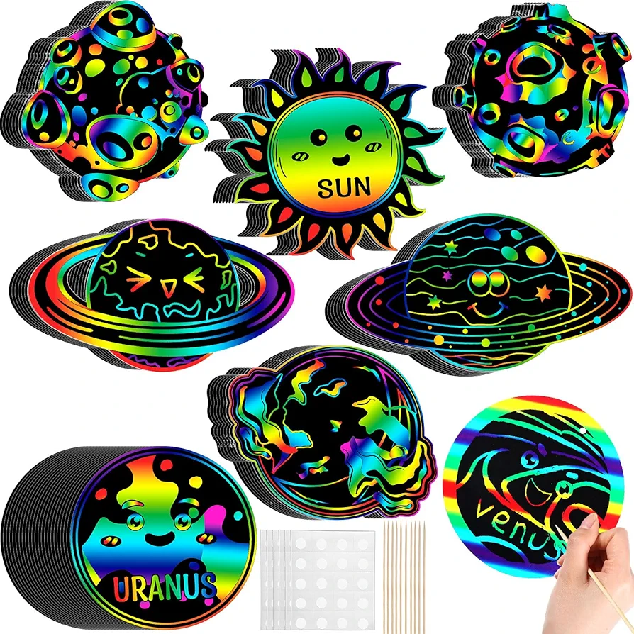 72 Pcs Space Party Crafts for Kids, Planet Scratch Cards Rainbow Solar System Scratch Paper with Wooden Stick and Ribbon for Classroom Back to School Favors Supplies