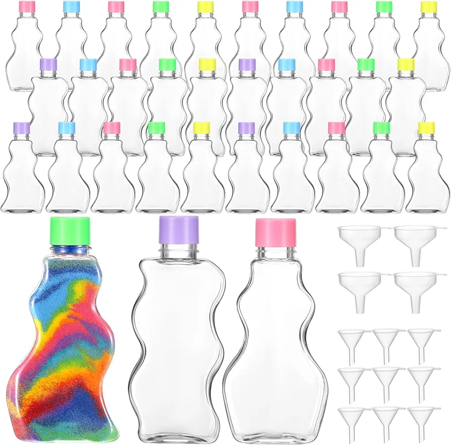 Yaomiao 30 Packs 2.5 oz Plastic Sand Art Bottles with Lids for Kids 3 Style Sand Art Clear Container for Sand Art Wedding Invitation Fun Art Craft Supply Boy Girl Decoration (Colorful Lid,Plastic Lid)