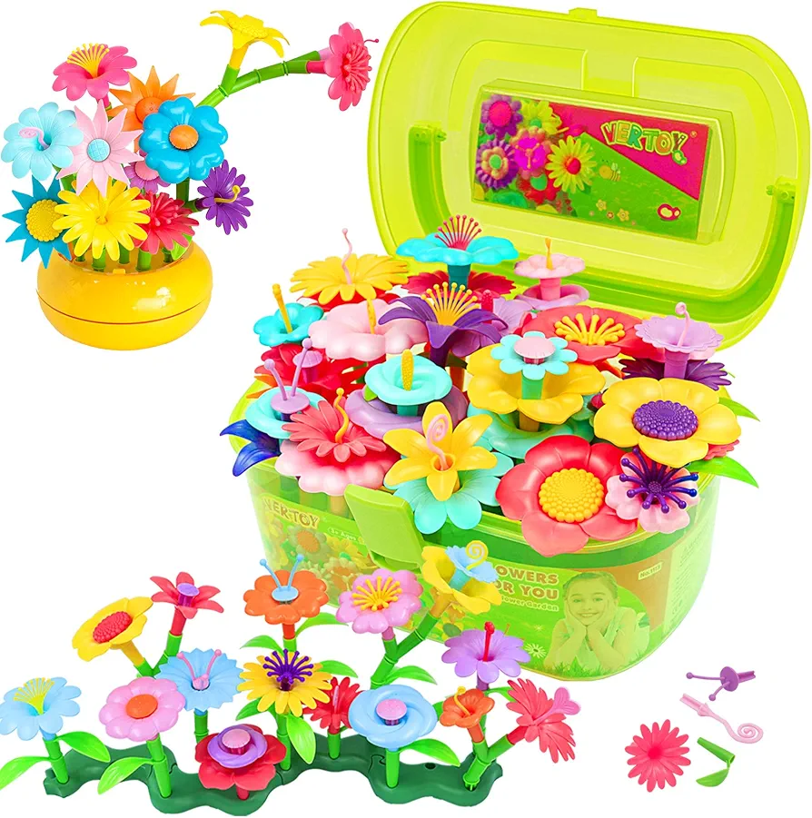 VERTOY Flower Garden Building Toy Set for 3, 4, 5, 6 Year Old Girls, STEM Educational Activity Toys and Girls Birthday Gift for Age 3+ yr Toddlers and Kids, 143 pcs