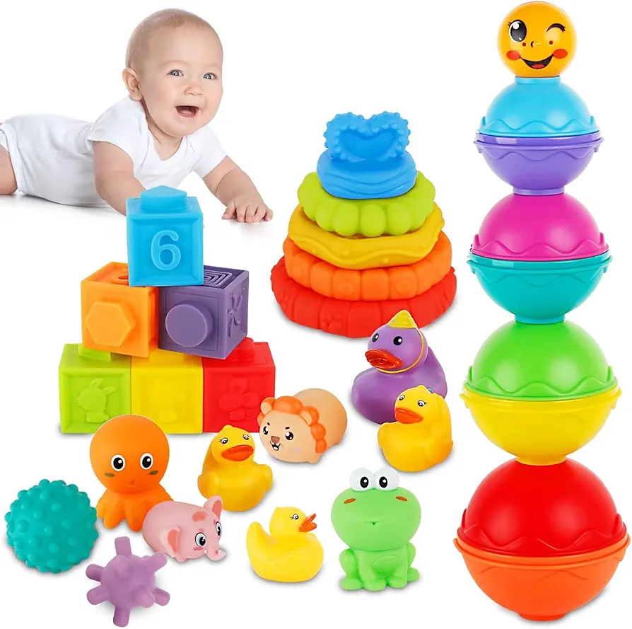 Ganowo Montessori Toys for 1 Year Old, 5 in 1 Baby Toys 12-18 Months, Stacking Building Blocks Baby Teething Toys, Sensory Preschool Learning Educational Toys