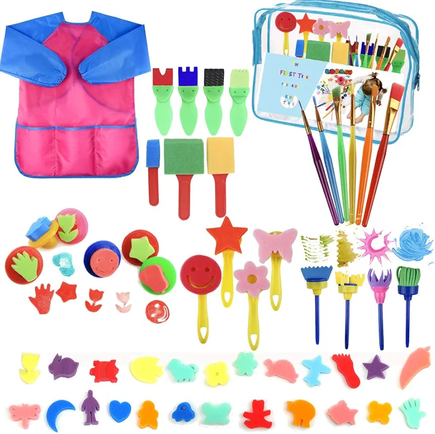 Kids Paint Brushes Sponge Kits, 52 Pcs Painting Brushes Drawing Tools Kits,Children Early DIY Learning Paint Sets for Kids Arts and Crafts for Toddlers,Xmas Gifts