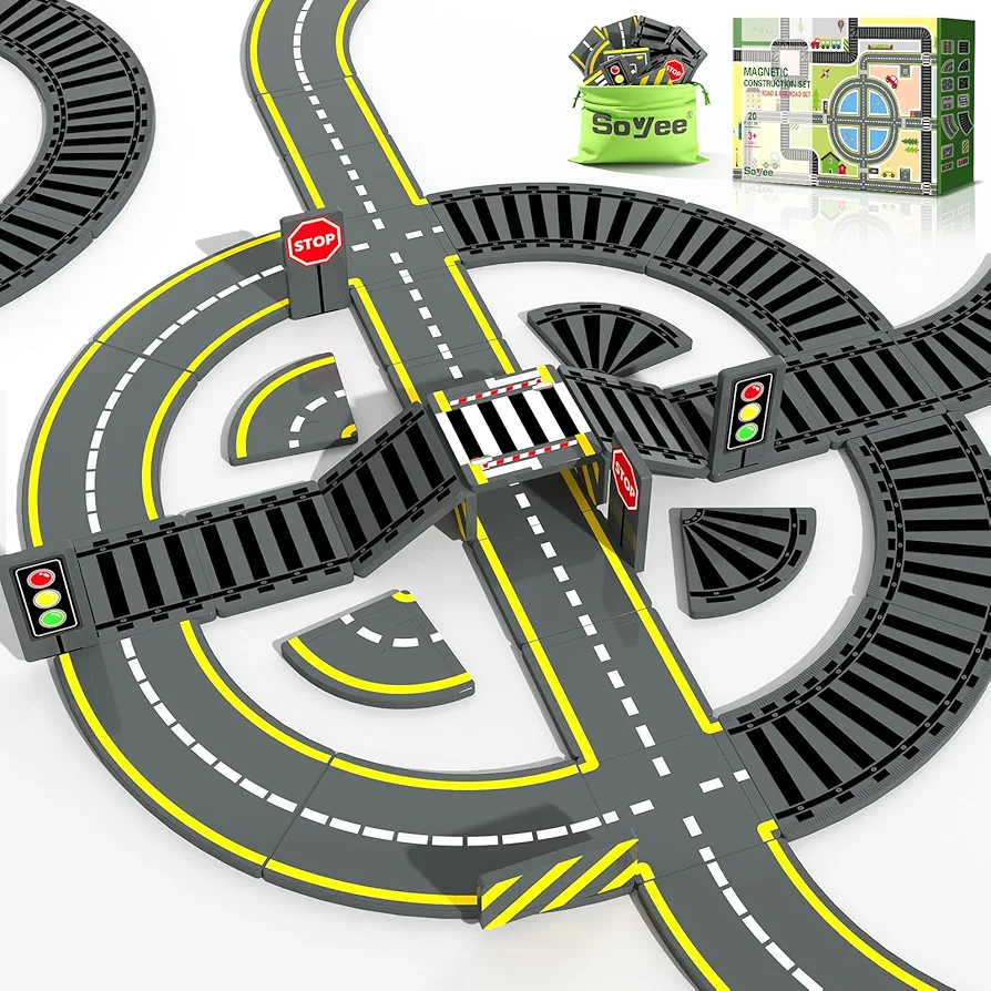 Magnetic Tiles Road & Train Track Expansion Pack Magnetic Building Blocks Construction Toys Kids Toys for Ages 3-12 Boys Girls Building Toys Includes Road Tracks, Traffic Lights - Road & Rail