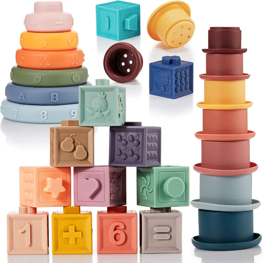 3 Set Montessori Toys for Babies Soft Baby Stacking Block Baby Toy Blocks for 6 to 12 Months Silicone Ring Stacker Sensory Building Toy