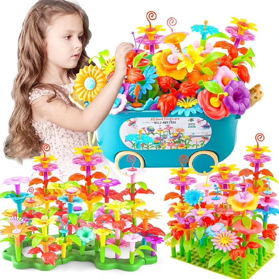 139 PCS Flower Garden Building Block Toys for Girls Age 3, 4, 5, 6, 7 Year Old - Educationcal STEM Toys with Moving Storage Box - Colorful Flowers Stacking Toddlers Play Set for Kids Age 3-6