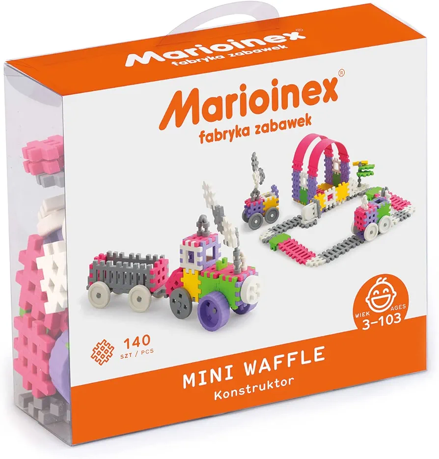 Mario-Inex Mini Waffle Block Pink Construction Playset for Kids- 140 Constructor Interlocking Puzzle Pieces- Improves Fine Motor Skills- STEM/STEAM Building Montessori Toys for Boys and Girls Ages 3+