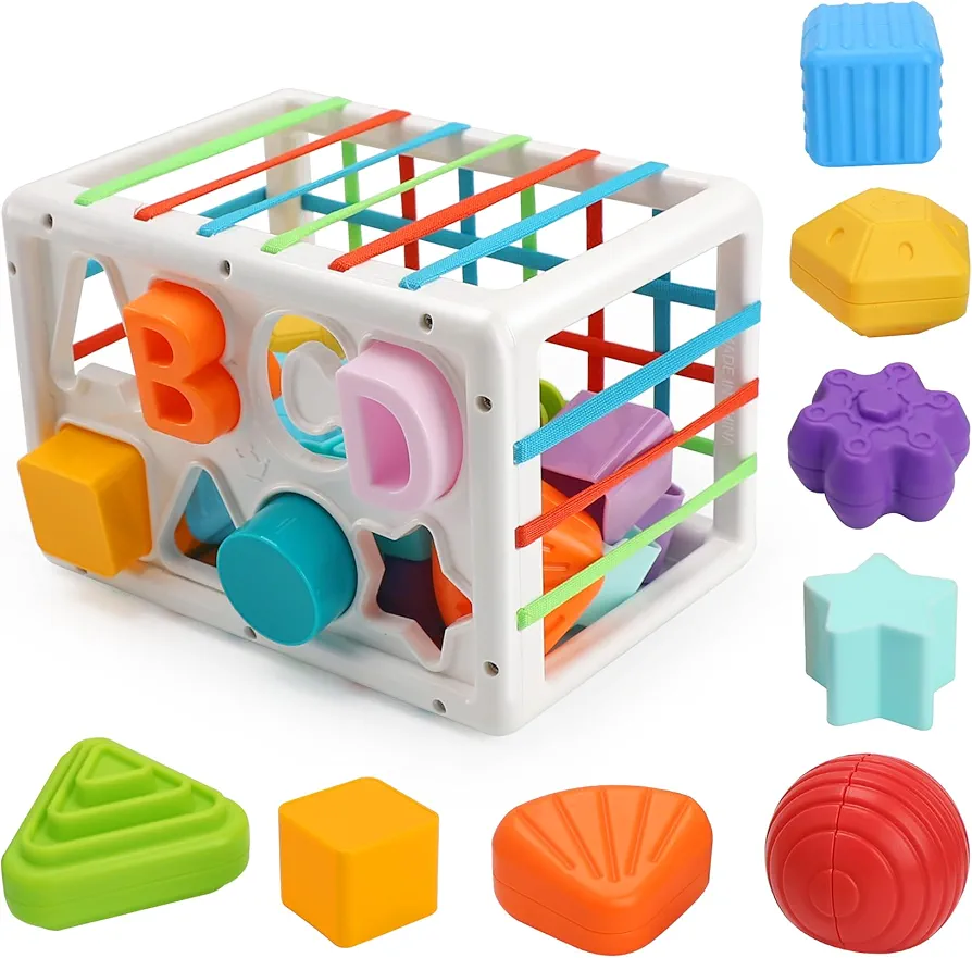 Montessori Toys, Toys Shape Sorter Colorful Storage Cube Bin & Sensory Toys, Infant Toys Toddler Developmental Learning Toys, Birthday Gifts for Boys Girls