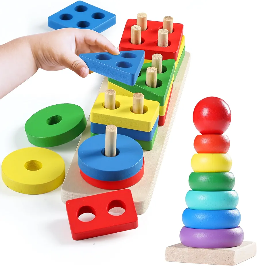 Wooden Sorting & Stacking Toys for Toddlers Kids,Montessori Toys for 1 2 3 Years Old,Preschool Learning Toy,Stacking Ring Shape Sorter Gift(23Piece)