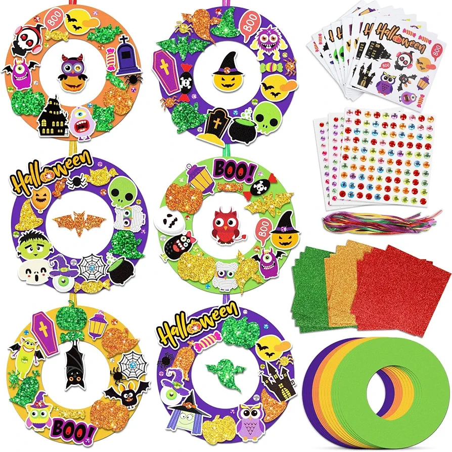 24 Sets Halloween Foam Wreath Decorations Sign Craft Kit for Kids, Jack-O-Lantern Ghost Spider Bat Monster Stickers for Kids Ages5 4 8 10, Art Gift Party Favors Trick-or-Treat Front Door Decoration