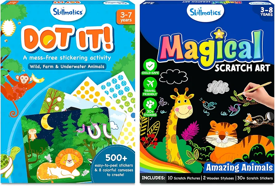 Skillmatics Dot It & Magical Scratch Art Book Bundle Animals Theme Bundle, Art & Craft Kits, DIY Activities for kids