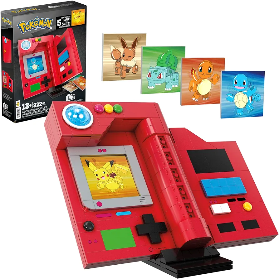 Mega Pokémon Building Toys Set, Kanto Region Pokédex with 322 Pieces, Light and 5 Lenticular Cards, for Kids or Adult Collectible