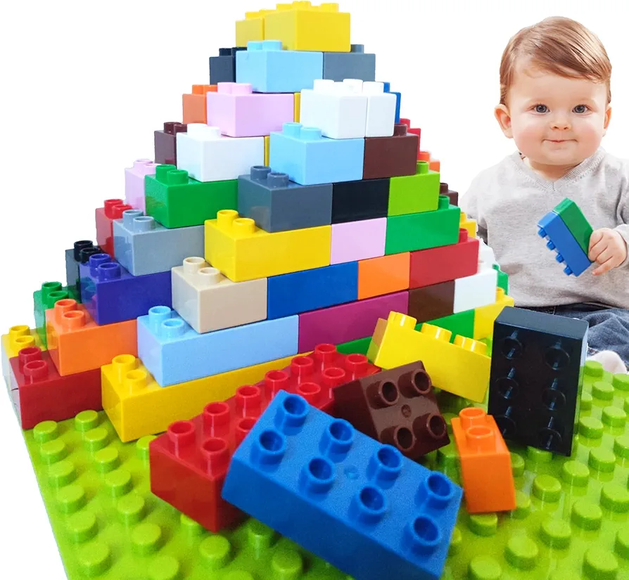 Building Blocks Set for Kids with Baseplate Big Building Bricks 101Pcs Classic Bulk Blocks for Kids Toddlers Boys Girls 15 Random Colors Birthday Gift Compatible with All Major Brand