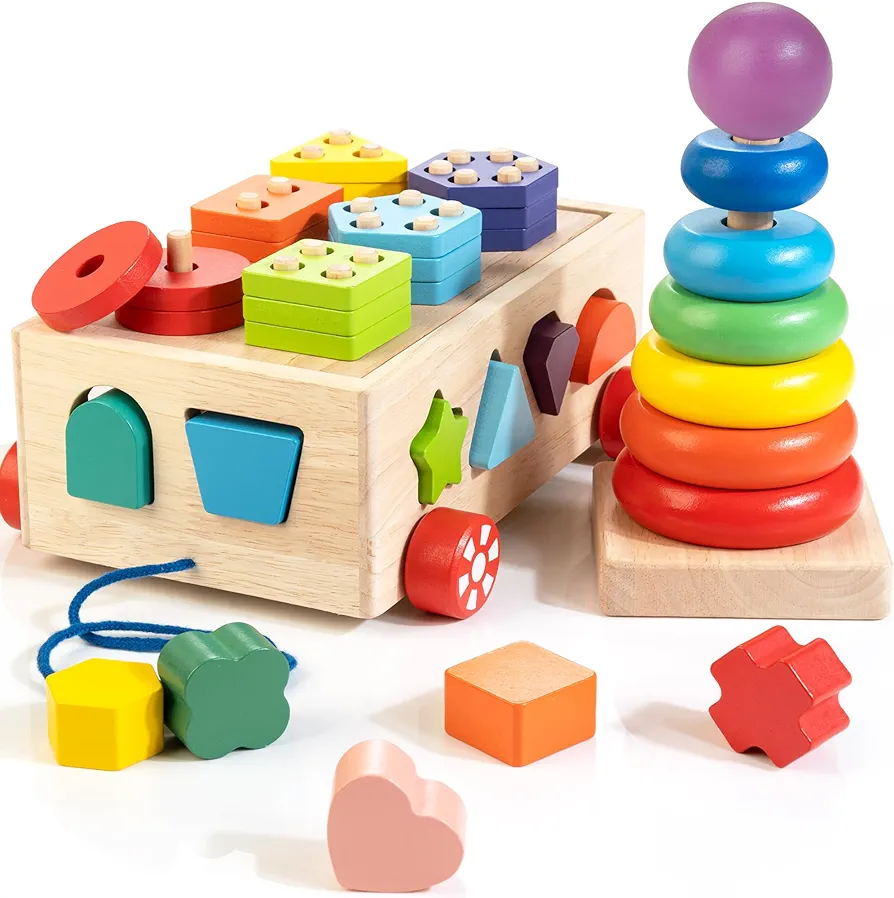 Bravmate Montessori Toys for 1 Year Old, Wooden Blocks Shape Sorter Stacking Rings Baby Color Sorting Toys for Toddlers 1-3, Pull Along Educational Learning Toys, 1 Year Old Boys Girls Birthday Gift