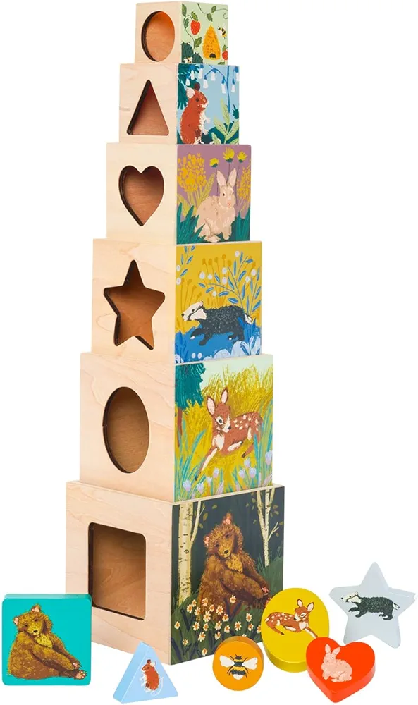 Manhattan Toy Enchanted Forest 12-Piece Wooden Stacking Counting Sorting Toy Blocks with Solid Wood Cutout Shapes