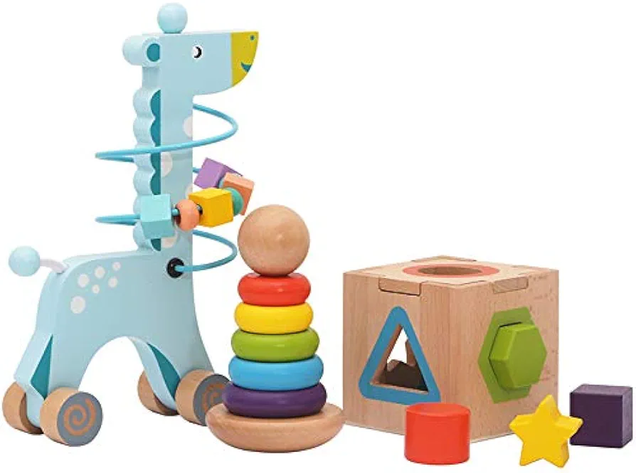 3-in-1 Wooden Montessori Toys for 3 Years Old-Wooden Sorting and Stacking Toys for Toddlers Push and Pull Toys,Rainbow Stacking Rings Tower,Shape Sorter Box,Wooden Toys 12-18 Months Gift Boys Girls