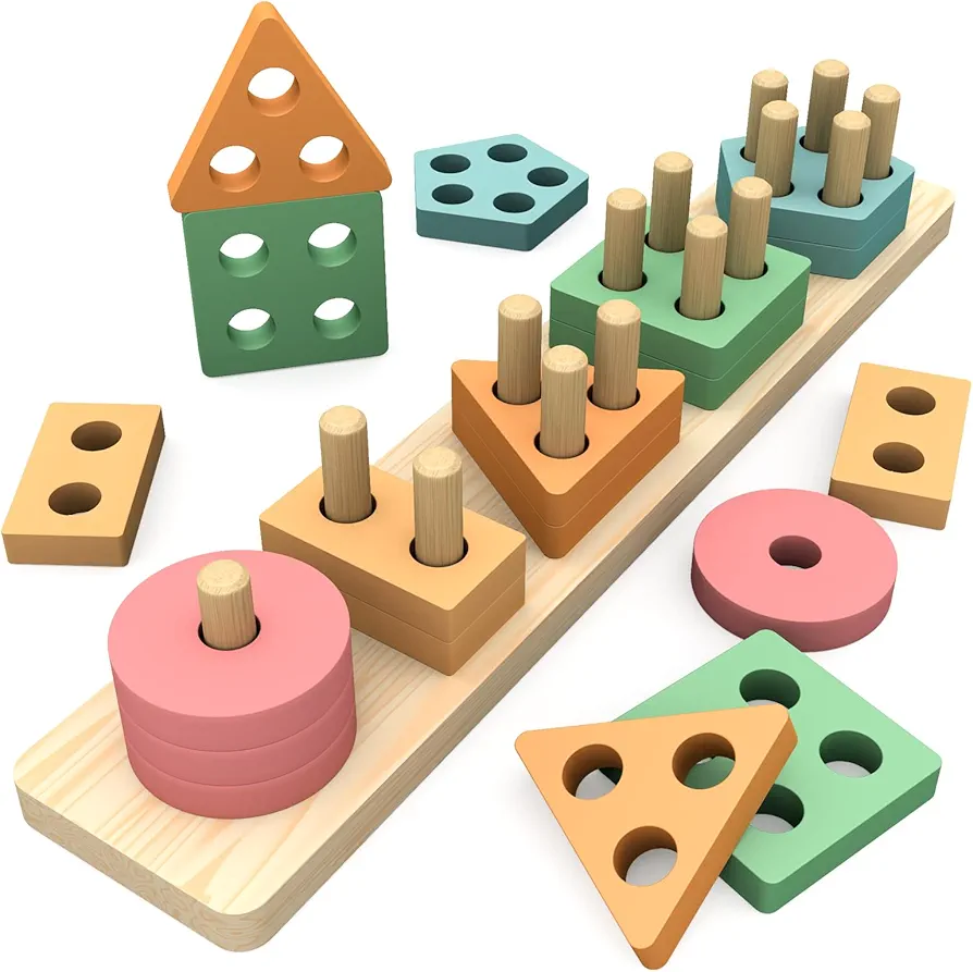 Montessori Wooden Toys for 1 2 3 Year Old,20 PCS Wooden Shape Sorting and Stacking Toys,Puzzles Educational Toys for Toddlers 1-3,Easter Birthday Gifts for Kids Boy Girl Toys,Color Sorting Toys