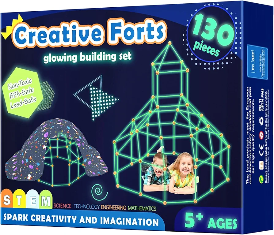 Tiny Land Glow Fort Building Kit for Kids Creative Fort Indoor & Outdoor Construction Toys with 86 Rods and 44 Balls for 5-10 Year Old Boys & Girls STEM Building Toy Gifts with Storage Bag