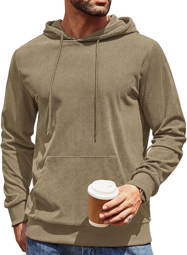 COOFANDY Mens Hooded Sweatshirt Long Sleeve Casual Corduroy Drawstring Pullover Hoodies with Pocket