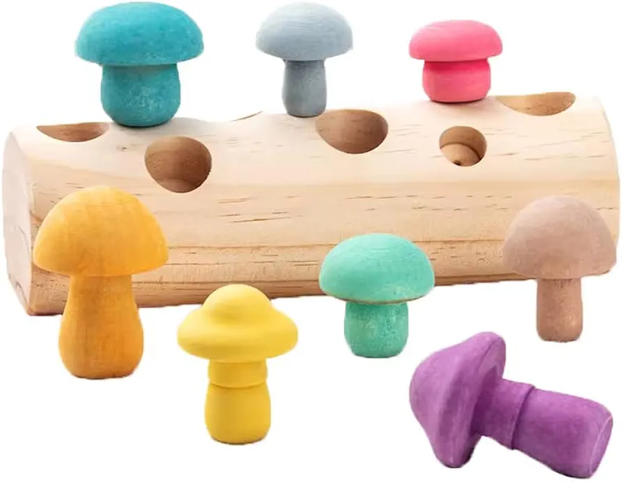 Montessori Wooden Mushroom Blocks Toy Matching Color Building Block Picking Game Early Educational Toys for Children Kids Baby