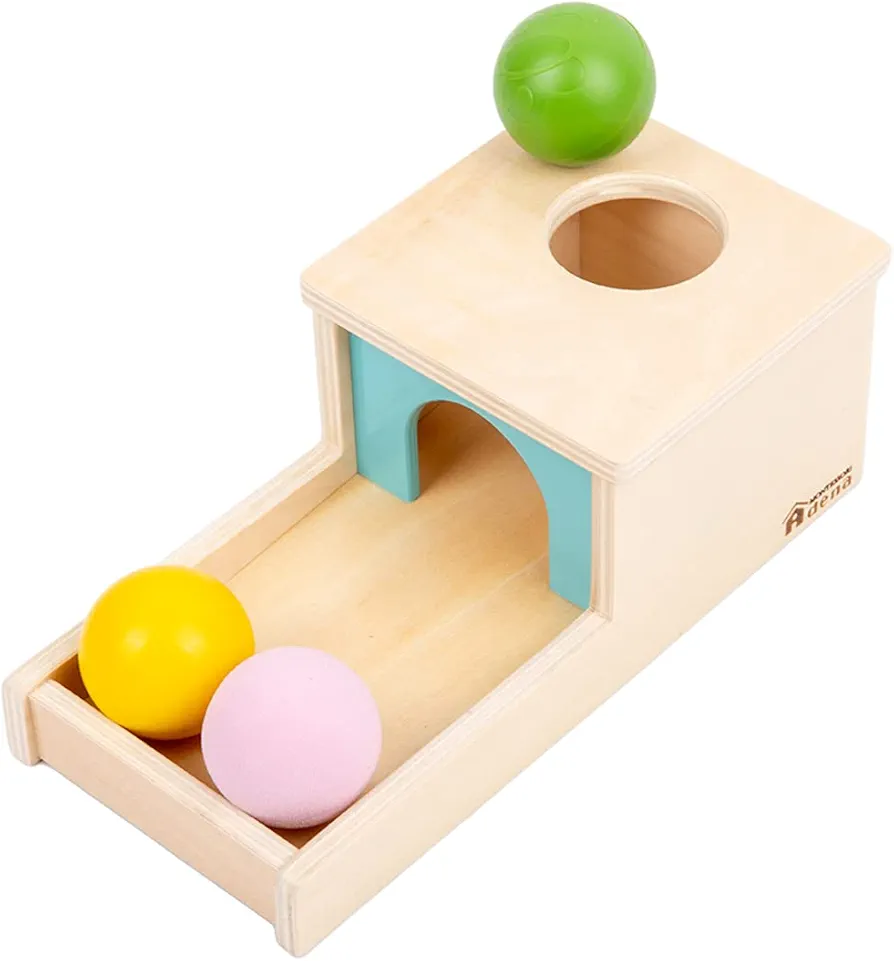 Adena Montessori Object Permanence Box with Tray Three Balls Montessori Toys for 6-12 Months Baby 1 Year Old Infant Toddler (Small Box - for Boy)