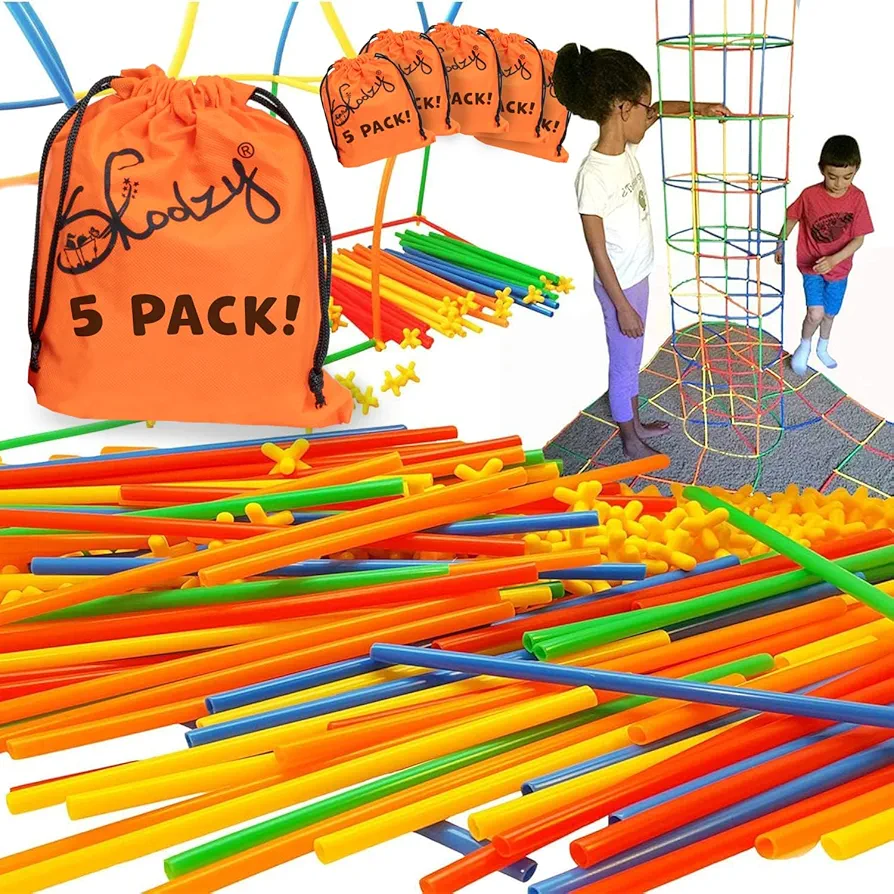 Skoolzy Straw Constructor STEM Building Toys 200+ Piece Set - Durable Interlocking Plastic Educational Toys for Toddlers to Develop Fine Motor Skills Engineering Learning Building Blocks - 5 Pack