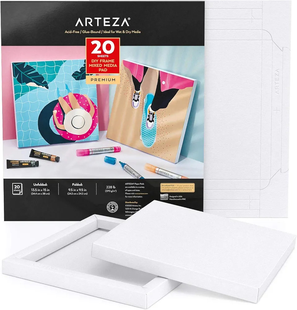 ARTEZA Mixed Media Paper Foldable Canvas Pad, 9.5x9.5 Inches, 20 Sheets, DIY Frame, Heavyweight Multimedia Paper, 228 lb, 370 GSM, Acid-Free, Art Supplies for Painting & Mixed Media Art