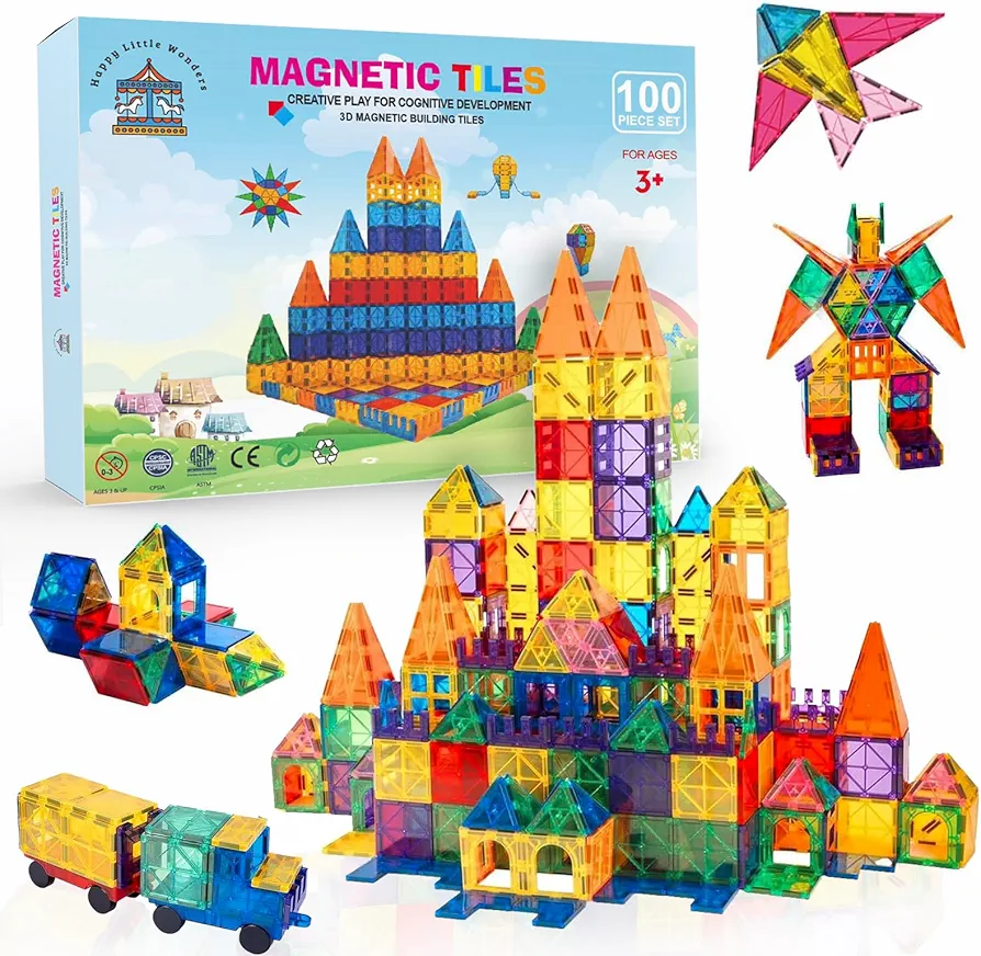 Deluxe 100-Piece Magnetic Construction Set with 2 Cars, Magnetic Tiles Toddler Toys, Magnetic Blocks Sensory Toys, Montessori Toys Building Toys in Classroom Supplies, Kids Toys