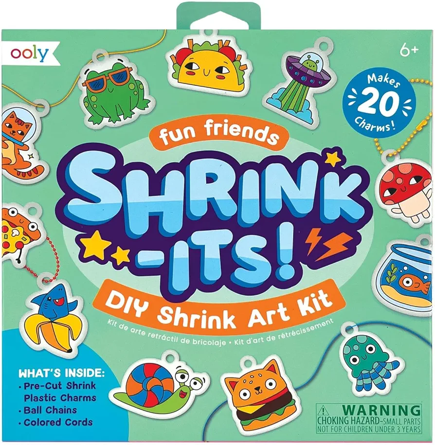 Ooly Shrink-Its! 28 PC DIY Shrinking Art Kit That Creates Charms and Tags, Includes 20 Plastic Pre Cut Charms and More! No Mess Art for Kids, DIY Creative Activity, Ideal Party Favor [Fun Friends]